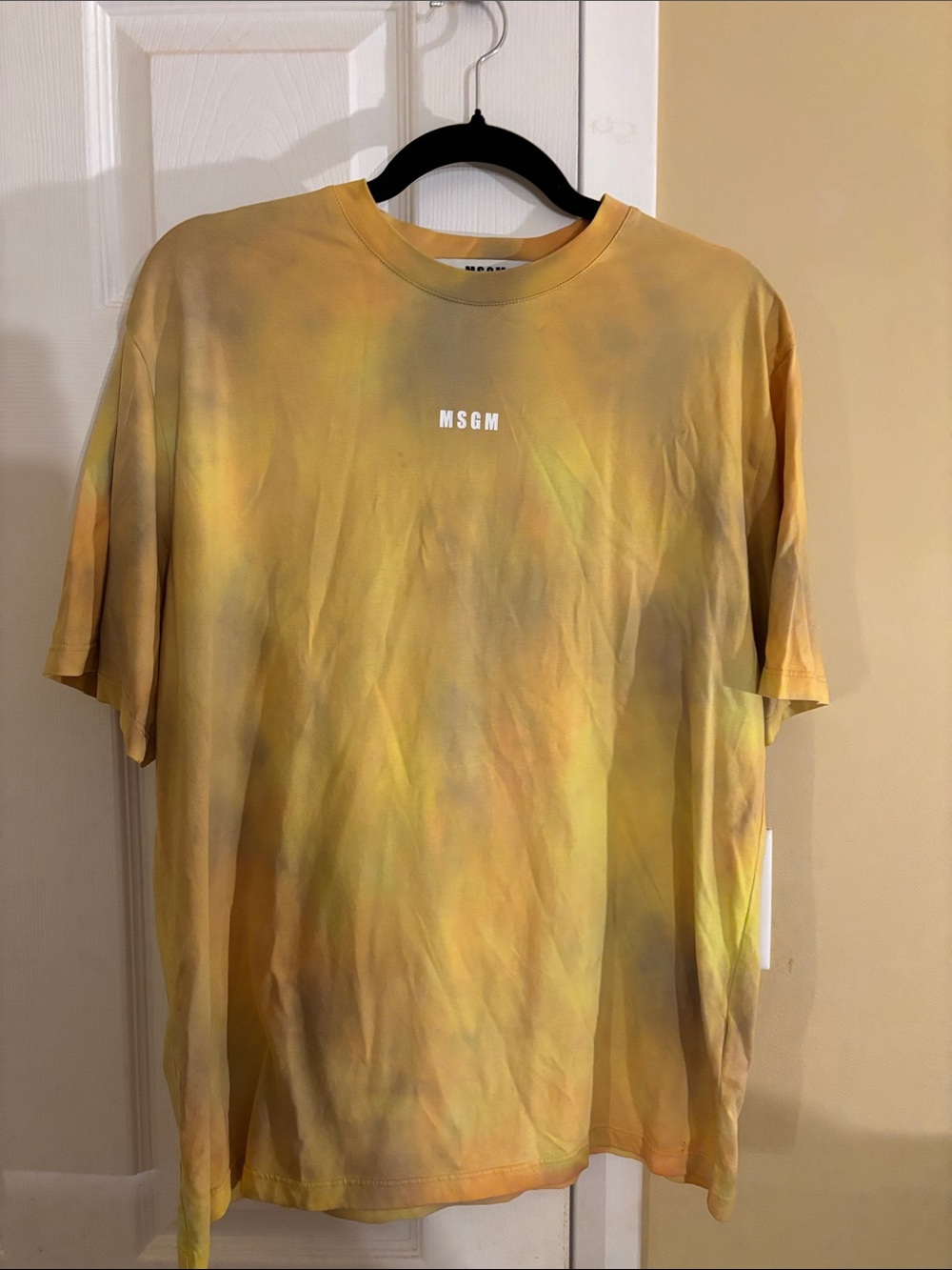 MSGM Men's Yellow Tie-Dye Logo T-Shirt